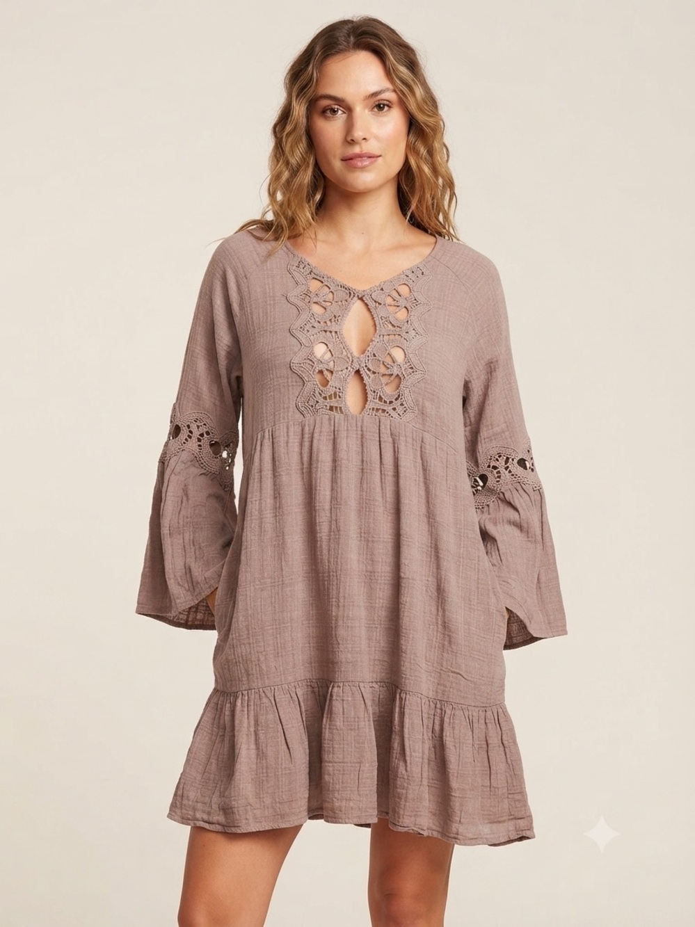 Mystree Lace-Trim Dress in Mauve Taupe